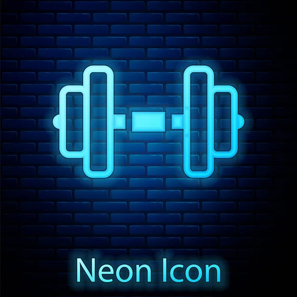 Icona Fluorescente Neon Dumbbell Isolata Sfondo Muro Mattoni Sollevamento Muscolare — Vettoriale Stock