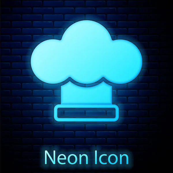 Świecący Neon Chef Kapelusz Ikona Izolowane Tle Cegły Ściany Symbol — Wektor stockowy