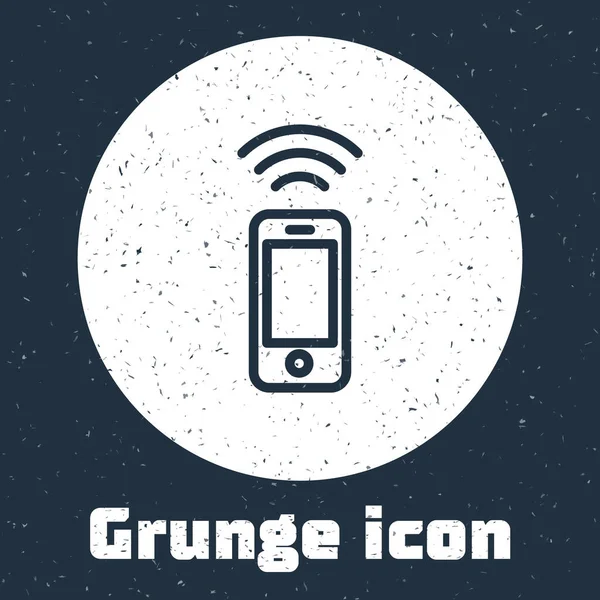 Grunge Line Drahtloses Smartphone Symbol Isoliert Auf Grauem Hintergrund Monochrome — Stockvektor