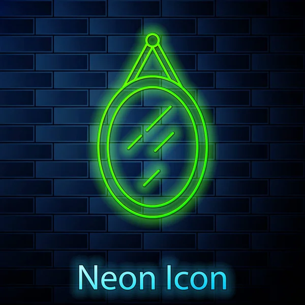 Zářící Neonová Čára Ikona Zrcadla Izolovaná Pozadí Cihlové Stěny Vektor — Stockový vektor