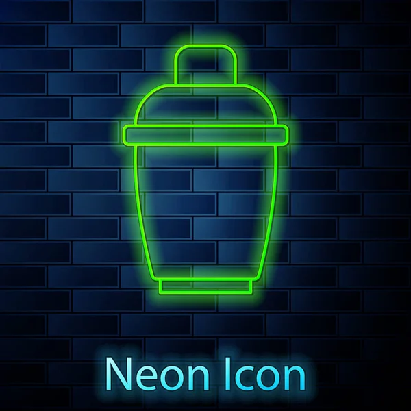 Glödande Neon Linje Cocktail Shaker Ikon Isolerad Tegelvägg Bakgrund Vektor — Stock vektor