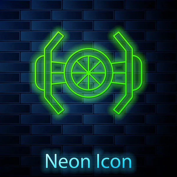 Glowing Neon Line Cosmic Ship Icon Isolated Brick Wall Background — Stock Vector