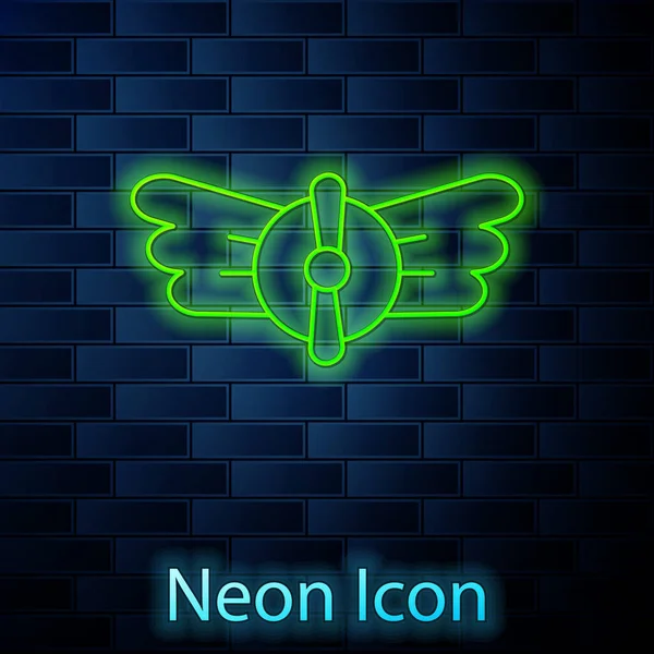 Gloeiende Neon Lijn Luchtvaart Embleem Pictogram Geïsoleerd Baksteen Muur Achtergrond — Stockvector