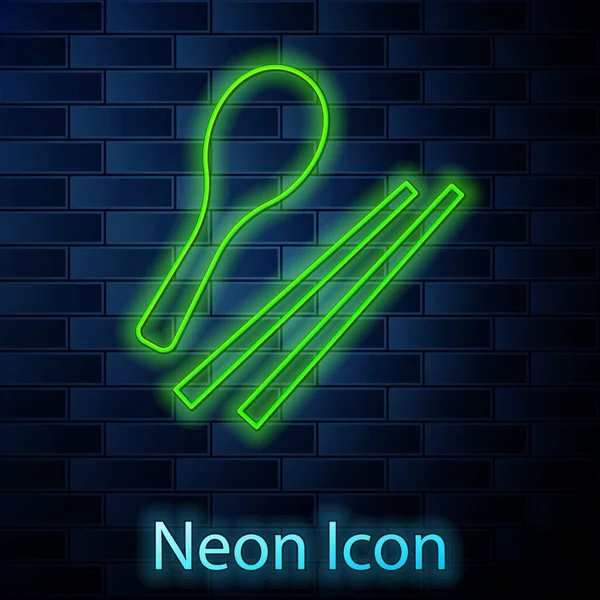 Glödande Neon Linje Mat Ätpinnar Ikon Isolerad Tegelvägg Bakgrund Koreanska — Stock vektor