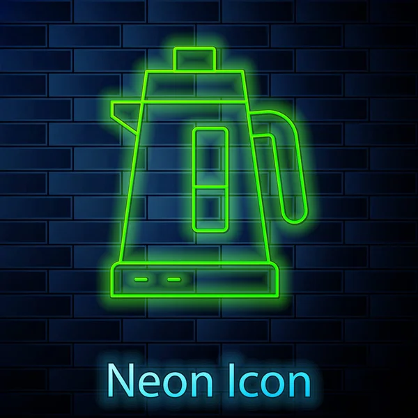 Leuchtende Neon Linie Wasserkocher Symbol Isoliert Auf Backsteinwand Hintergrund Teekanne — Stockvektor
