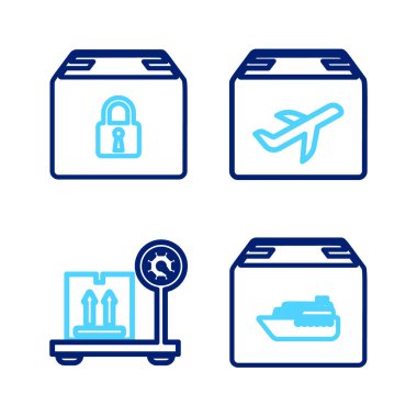 Kargo gemisini kutularla, kartonla, uçakla ve kilitli paket simgesiyle ayarla. Vektör