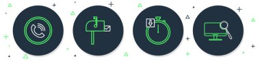 Satır Açık posta kutusu, Kronometre, Telefon görüşmesi ve Bilgisayar monitörü ikonu ayarla. Vektör