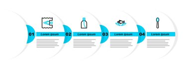 Tek kullanımlık plastik kaşık, balık bakımı, bir şişe sıvı sabun ve okyanus kirliliğini önleme ikonu. Vektör