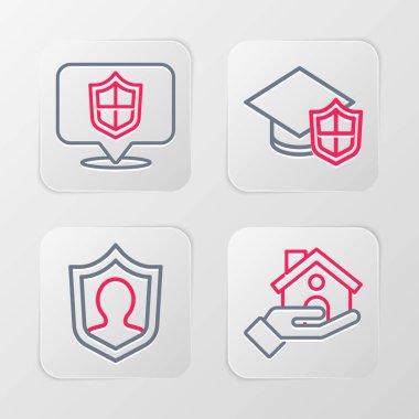 Kalkanı, hayat sigortası, mezuniyet şapkası ve konum ikonu olan bir alışveriş merkezi ayarla. Vektör