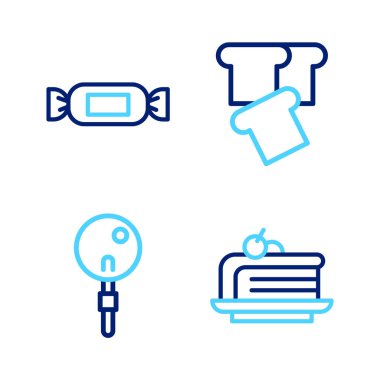 Sıra halinde pasta, lolipop, kızarmış ekmek ve şeker ikonu. Vektör