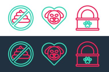 Set line Canned food, No shit and Heart with dog icon. Vector