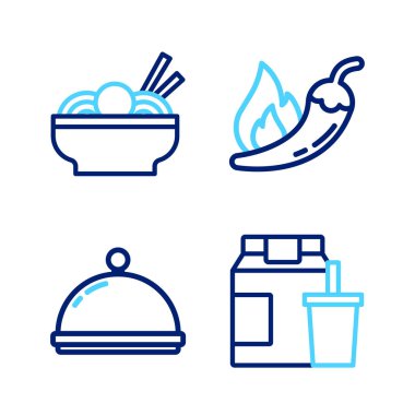 İnternetten sipariş ve teslimat, tepsi, acı biber kabı ve Asya erişte kasesi ikonu ile kaplı. Vektör