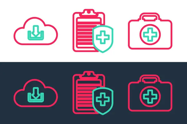 Set Line Lékárnička Cloud Download Schránka Ikonou Zdravotního Pojištění Vektor — Stockový vektor