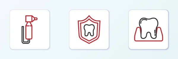 Establecer Línea Diente Taladro Icono Protección Dental Vector — Vector de stock