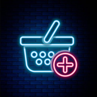 Parlayan neon hattı Tuğla duvar arka planında izole edilmiş alışveriş sepeti simgesine ekle. İnternetten satın alma konsepti. Servis tabelası. Süpermarket sepeti sembolü. Renkli taslak konsepti. Vektör