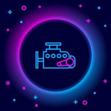 Parlayan neon hattı motor simgesi siyah arkaplanda izole edildi. Renkli taslak konsepti. Vektör