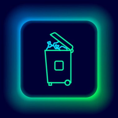 Parlayan neon hattı Çöp kutusu simgesi siyah arkaplanda izole edildi. Çöp kutusu tabelası. Sepet simgesini geri dönüştür. Ofis çöpü ikonu. Renkli taslak konsepti. Vektör