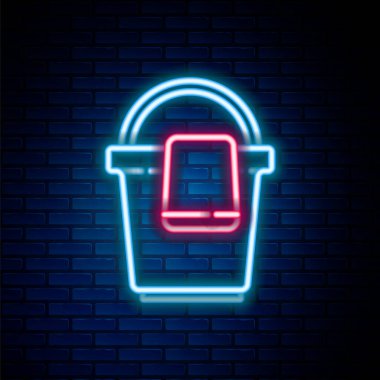 Duvarda izole edilmiş bez parçasıyla parlayan neon hattı kovası. Temizlik hizmeti konsepti. Renkli taslak konsepti. Vektör