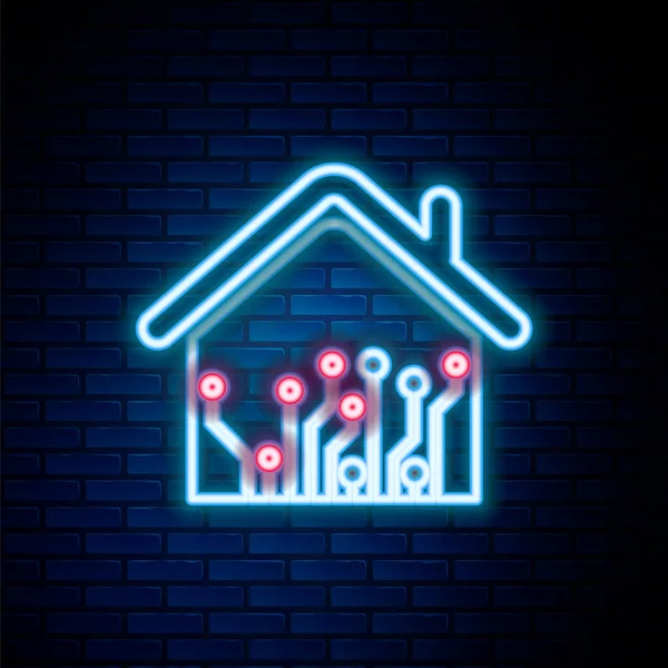 Linea Neon Incandescente Icona Smart Home Isolata Sfondo Muro Mattoni — Vettoriale Stock