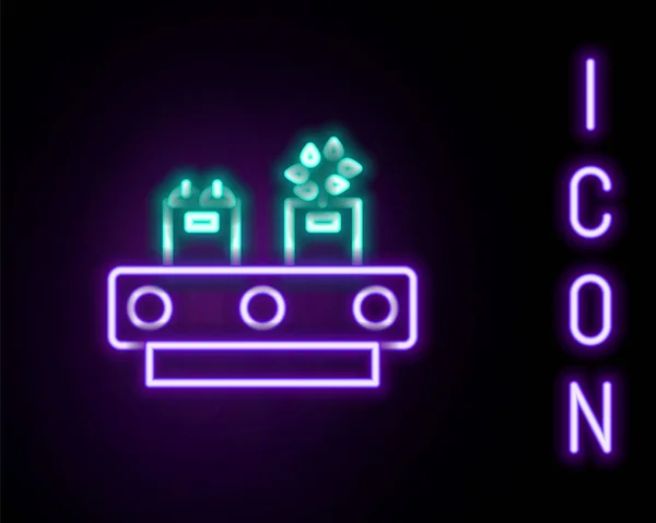 Žhnoucí Neonová Čára Dopravníkový Pás Ikonou Lepenkové Krabice Izolované Černém — Stockový vektor