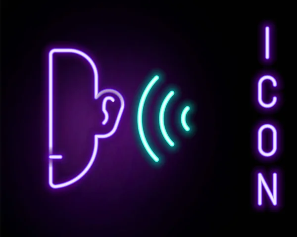 Parlayan Neon Hattı Kulak Dinle Ses Sinyali Simgesi Siyah Arkaplanda — Stok Vektör