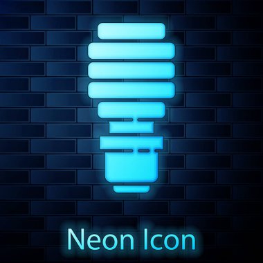 Parlayan neon ışıklı ampul simgesi tuğla duvar arka planında izole edildi. Ekonomik LED ışıklı ampul. Enerji lambasını sakla. Vektör.