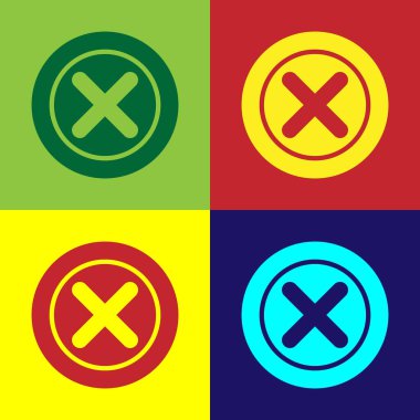 Pop Art X Mark, Çember simgesinde çapraz çizgi renk arkaplanında izole. Çapraz işaret simgesini kontrol et. Vektör.