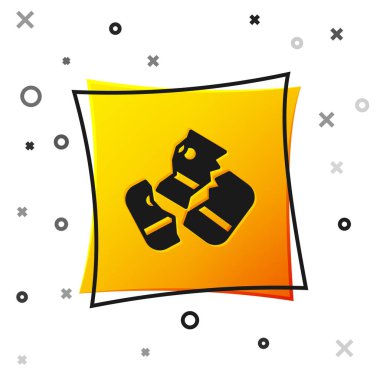 Black Scissors cutting a credit card icon isolated on white background. Online payment. Cash withdrawal. Financial operations. Shopping sign. Yellow square button. Vector