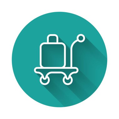 Beyaz çizgi Trolley çanta ikonu uzun gölge arkaplan izole. Seyahat bagaj tabelası. Seyahat bagaj ikonu. Yeşil daire düğmesi. Vektör