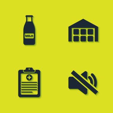 Cam şişe sütü ve kapağı ayarla, konuşmacı sessiz, klinik kaydı ve Depo ikonu. Vektör.