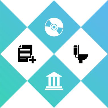 Yeni dosya ekle, banka binası, CD veya DVD diski ve klozet ikonu ekle. Vektör.