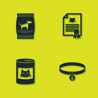 Köpek için yiyecek çantası, yakalı yaka, konserve kedi ve sertifika ikonu. Vektör.
