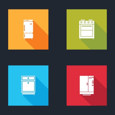 Buzdolabı, fırın, mobilya sehpası ve duş kabini ikonunu ayarla. Vektör.