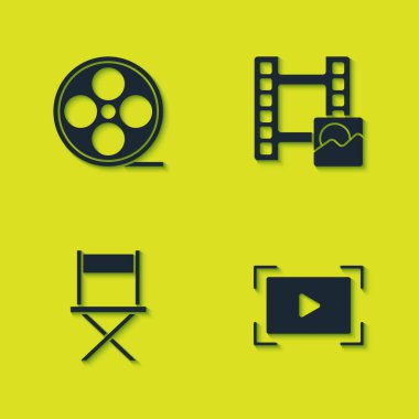Film makarasını, çevrimiçi oyun videosunu, yönetmen koltuğunu ve video simgesini ayarla. Vektör.