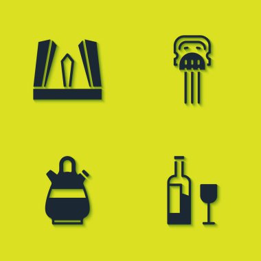 Avrupa 'nın Kapısı, camlı şarap şişesi, Sangria sürahi ve Peineta ikonu. Vektör.