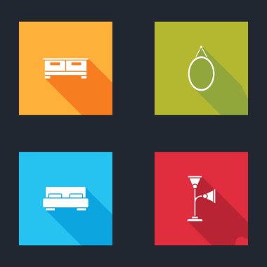 Çekmeceler, aynalar, büyük yatak ve lamba ikonu. Vektör.