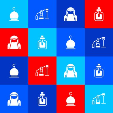 Müslüman Camii 'ni, petrol pompasını ya da pompayı, Niqab' taki kadını ve parfüm ikonunu ayarla. Vektör