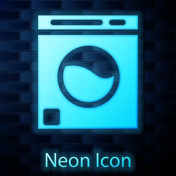 Glödande Neon Washer Ikon Isolerad Tegel Vägg Bakgrund Tvättmaskinsikon Tvättmaskin — Stock vektor