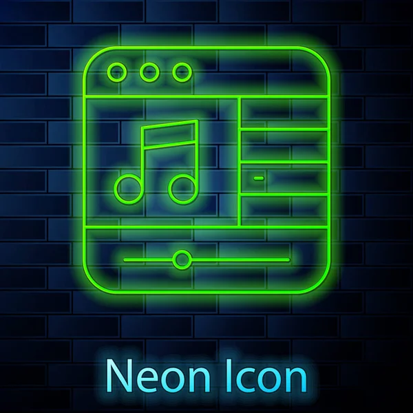 Glowing Neon Line Music Player Icon Isolated Brick Wall Background — Stock Vector