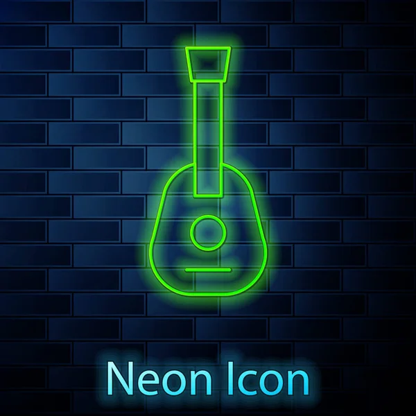 Leuchtende Neon Line Guitar Icon Isoliert Auf Backsteinwand Hintergrund Akustische — Stockvektor