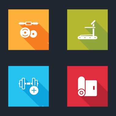 Barbell 'i, Koşu bandı makinesini, Dumbbell ve Fitness minder rulo ikonunu ayarla. Vektör