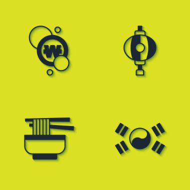 Güney Kore para, bayrak, Ramen ve fener ikonu koyun. Vektör