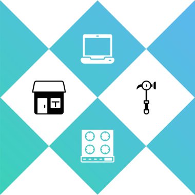 House 'u, gaz ocağını, laptop' ı ve Hammer ikonunu hazırla. Vektör