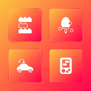 Oyuncak tuğlalar, raket, uzaktan kumandalı araba oyuncağı ve Tetris elektronik oyun ikonu kur. Vektör