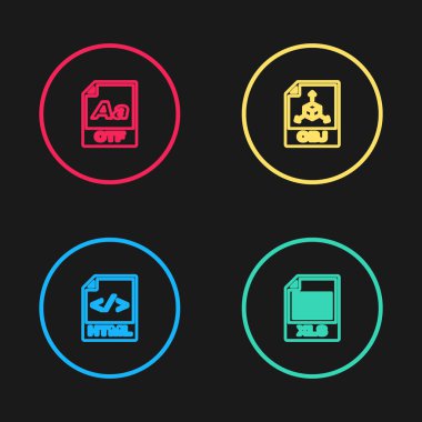 HTML dosya belgesi, XLS, OBJ ve OTF simgesini ayarla. Vektör.