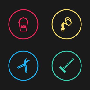 Bahçıvanlık el yapımı makas, tırmık, su kovası ve kova simgesini ayarla. Vektör.