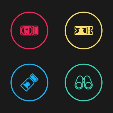 Satır müze bileti, dürbün ve otobüs simgesi. Vektör.