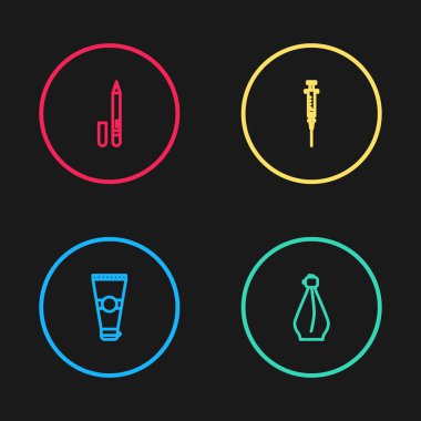 Çizgi losyon kozmetik tüpü, parfüm, şırınga ve göz kalemi, kaş ikonu. Vektör.