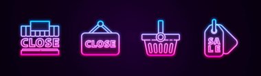 Alış-veriş binası ve metin kapatıldı, Kapalı Asılma tabelası, Sepet ve Fiyat etiketi satıldı. Parlayan neon ikonu. Vektör.