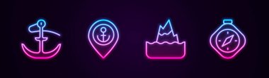 Anchor hattını, çapalı konumu, Iceberg ve Pusula 'yı ayarla. Parlayan neon ikonu. Vektör